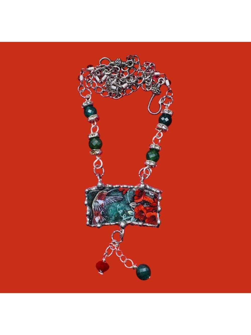 Lena Liu Hummingbird Broken China Pendant  Bezel Red & Green Quartz Necklace - Picture 5 of 15